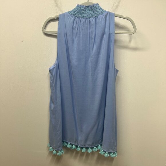 NWT Sail To Sable Periwinkle Sleeveless Top With Crochet Neckline & Pom Trim L - Picture 6 of 11